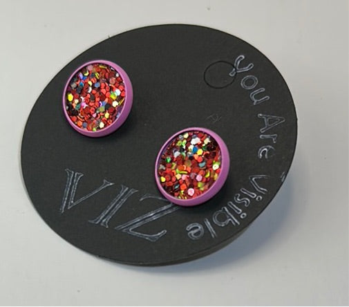 Pink Studs w/ Multicolored Red Sparkle