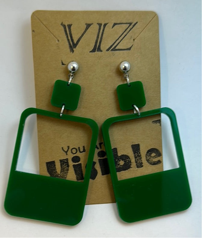 3” Studded Dangles: Dark Green Acrylic w/ Silver Hardware