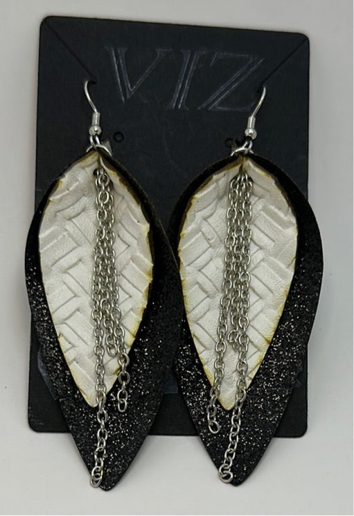 3” Dangle Earrings: Sparkly Black, w/ Woven White and Chain Tassels