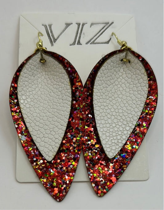 3” Dangle Earrings: Multicolored Red Sparkle w/ Textured White