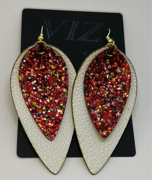 3” Dangle Earrings: Textured, White w/ Multicolored Red Sparkle