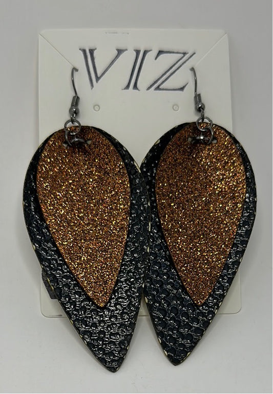 3” Dangle Earrings: Shiny Textured Black w Sparkly Orange